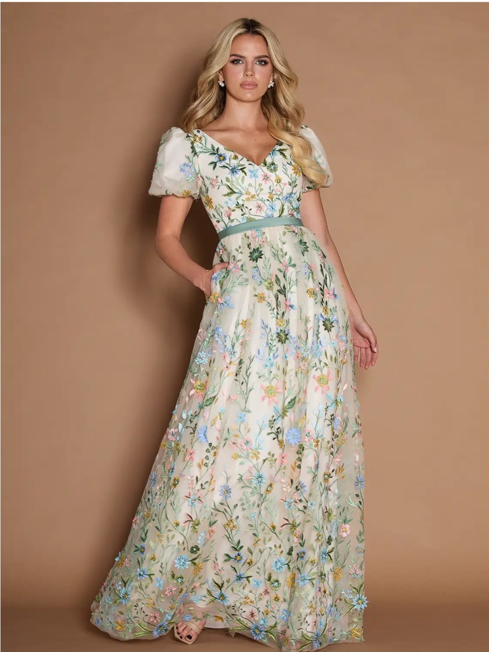 Azazie Cream Maxi Dress with Multicolor Floral Embroidery
